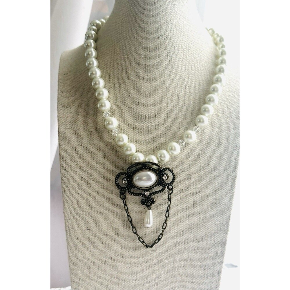 Vintage Faux Glass Pearl Necklace Victorian Style Rhinestone Pendant 16”